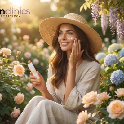 Woman in a wide-brimmed sun hat applying SPF sunscreen in an English garden - Epsom Skin Clinics